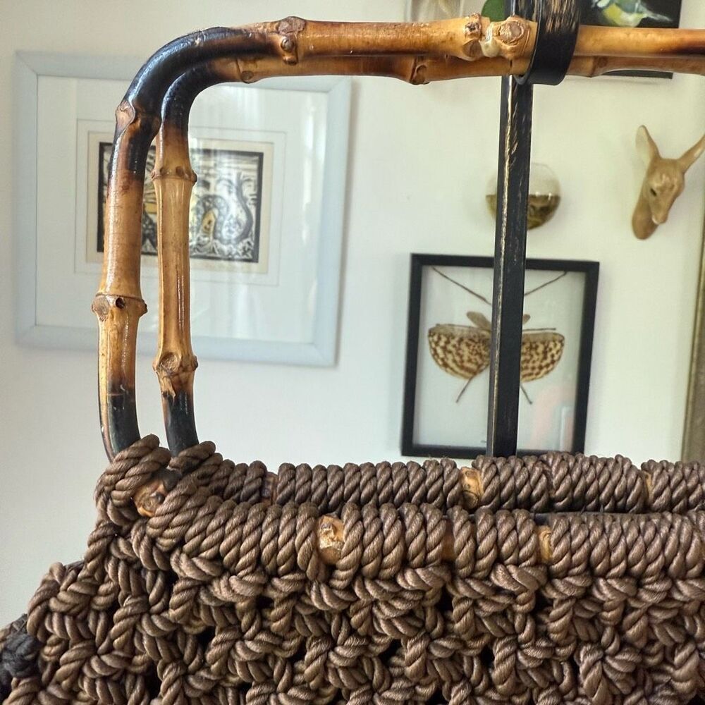 Vintage 70s Macrame Bamboo Handled Satchel Hand Bag Purse Brown - Picture 4 of 6
